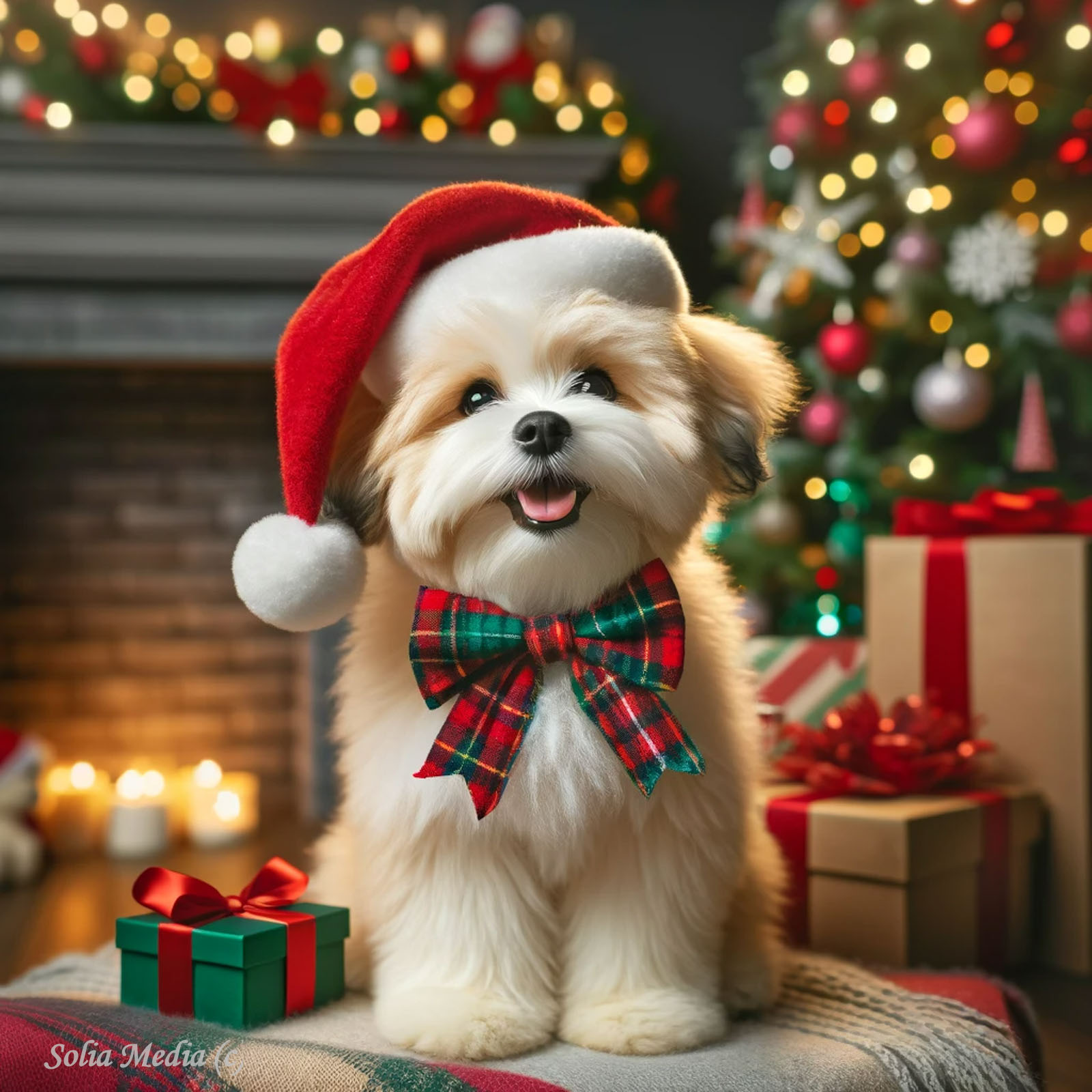 Smith Farms Kennels Holiday Dog with Santa Hat in front of Christmas Tree with Presents