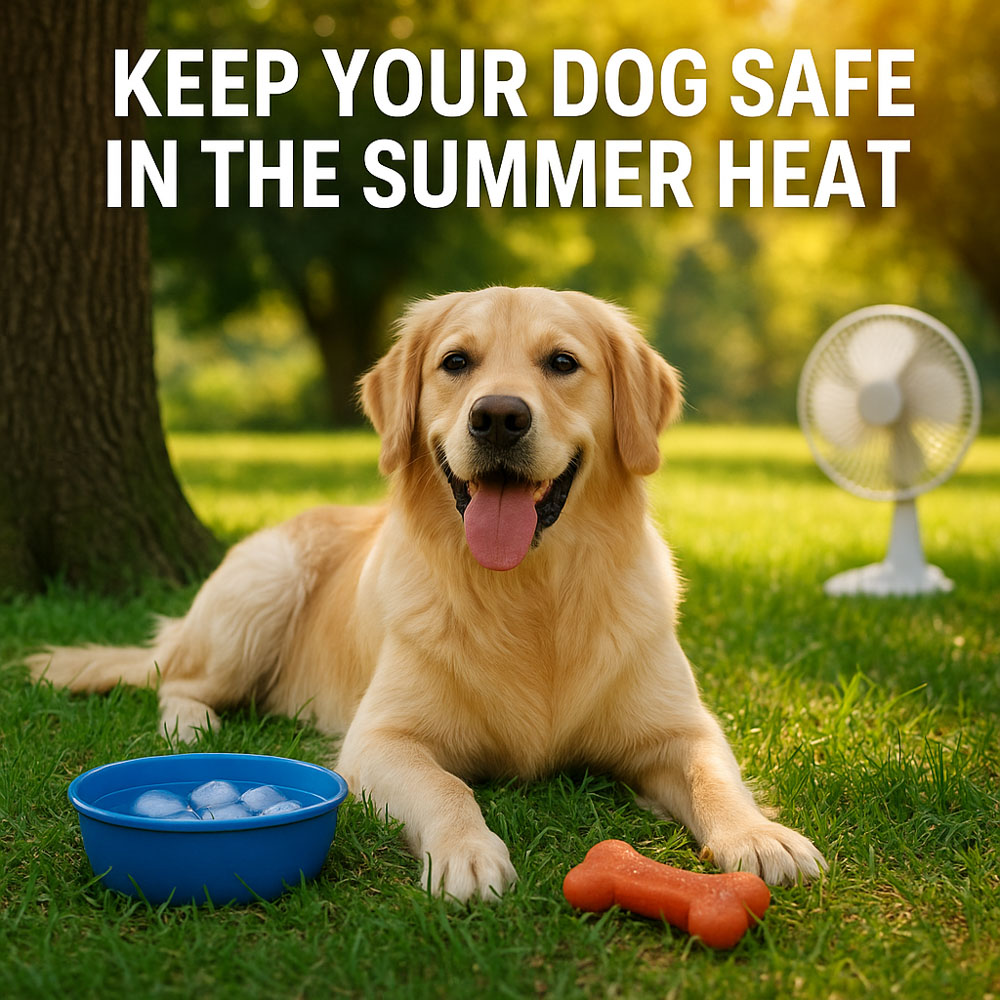 Yellow lab on green grass with ice water, fan and one
